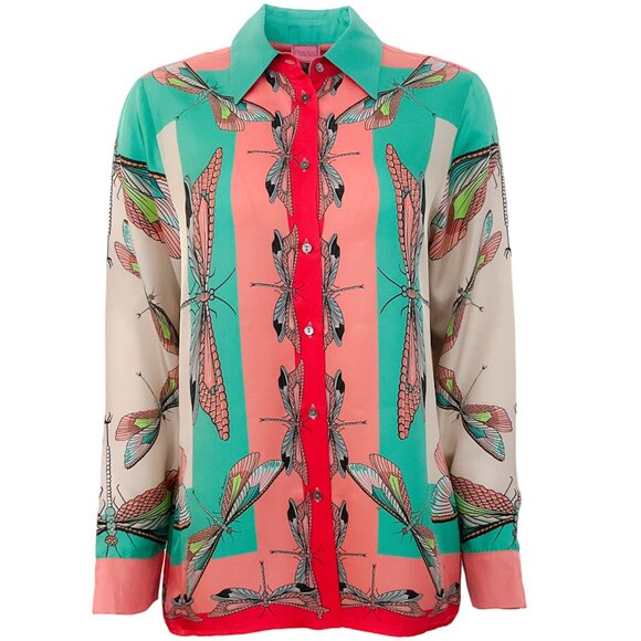 Franco Ferrari Coral / Aqua Insect Print Silk Blouse - Picture 1 of 4